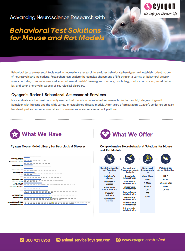Cyagen Behavioral Test Solutions for Mouse and Rat Models
